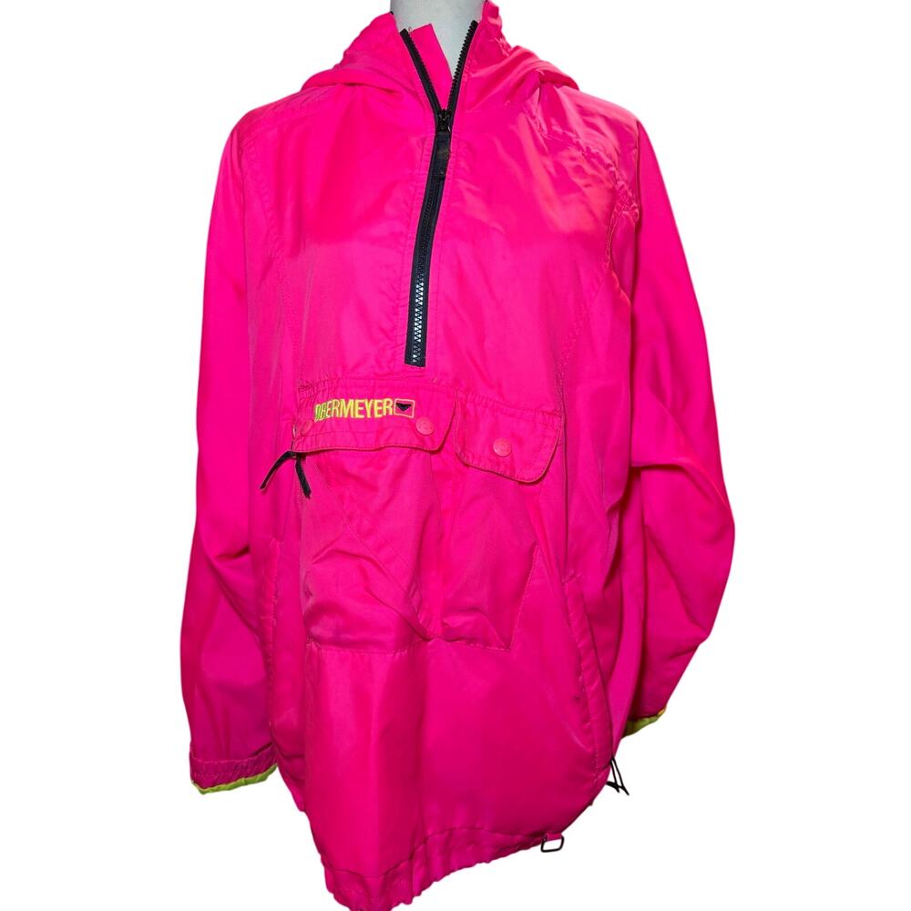 Obermeyer Vintage Retro Neon Pink Ski Jacket, Hooded Windbreaker, Men Medium